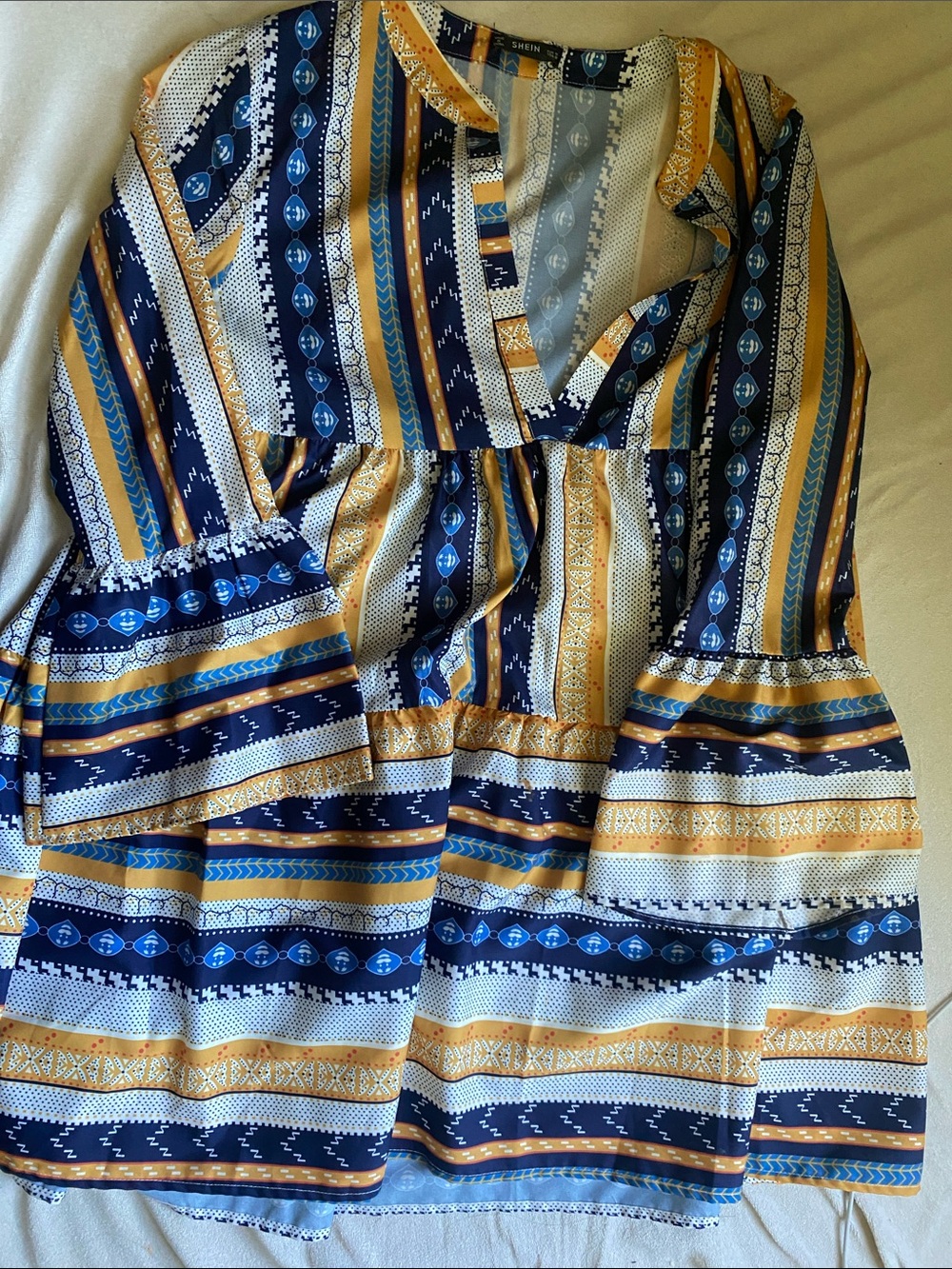 SHEIN Navy, Blue & Mustard Striped V-Neck Tunic